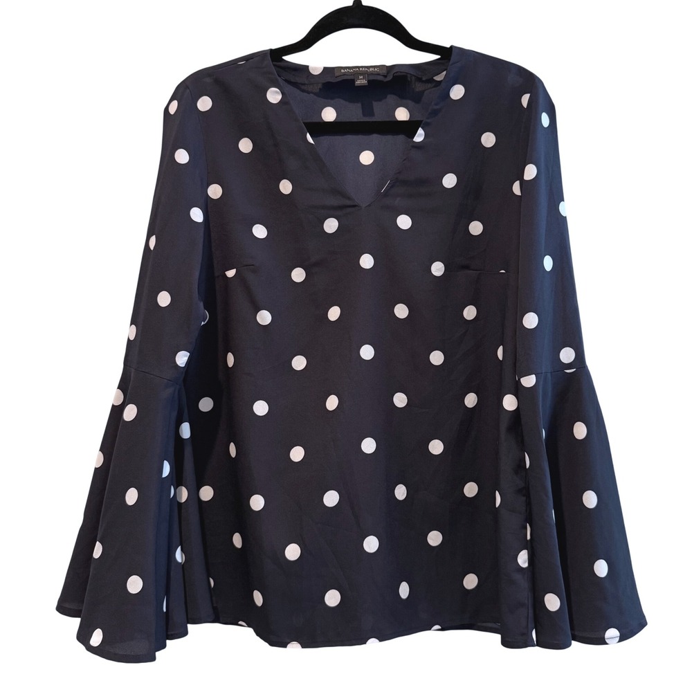 Banana Republic Womens Blouse Top Navy Blue White Polka Dot Bell Sleeve Medium